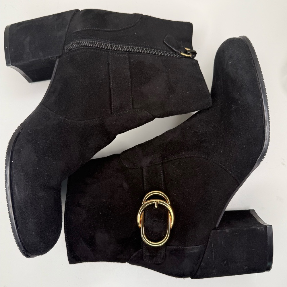 Stuart Weitzman Black Suede Ankle Boots Gold Hardware Block Heel 7.5 - Picture 6 of 13